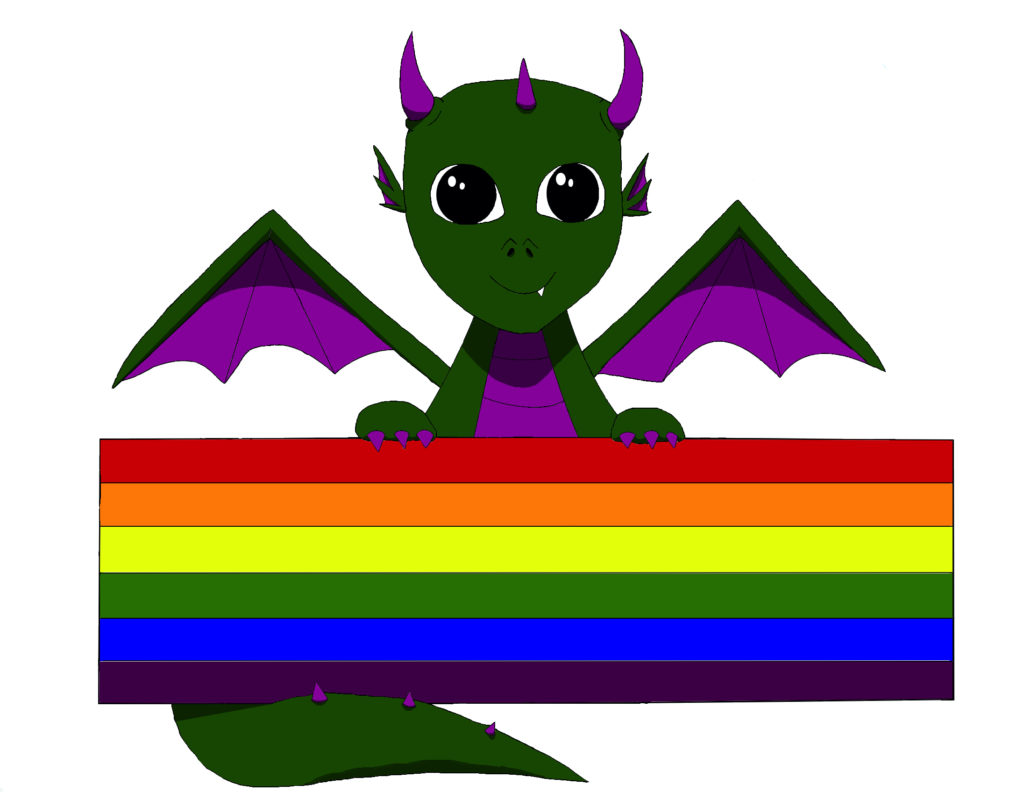 Green and purple dragon holding a rainbow pride flag