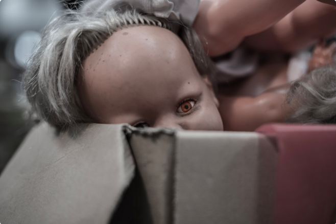 Creepy old doll peering over the edge of a cardboard box