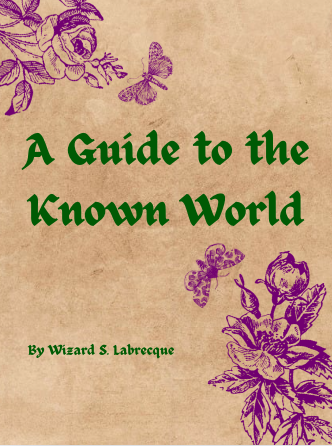 The cover the "A Guide to the Known World." An old paper background, hand-drawings of flowers and butterflies, and the title and author name written in green.