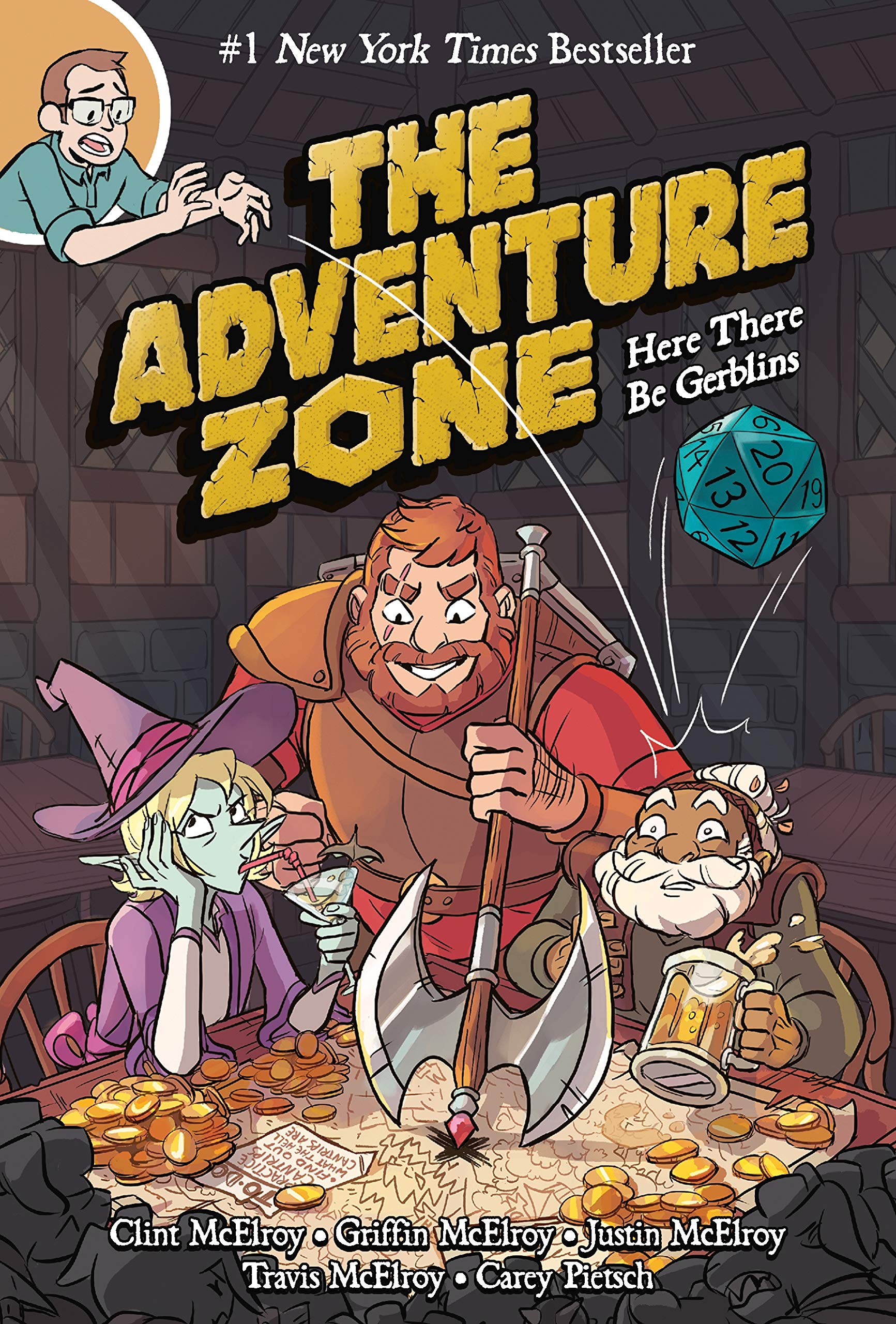 The Adventure Zone: Here There Be Gerblins book cover. Taako, Magnus, and Merle gather around a map while Griffin drops a d20 on Merle's head.