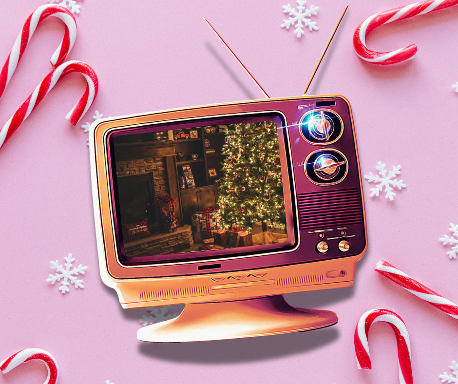 TV showing Christmas movies in front of a pink background with candy canes and snowflakes.