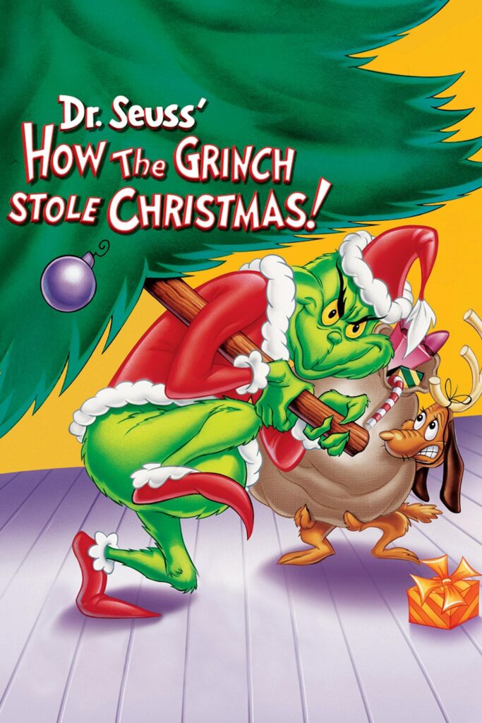 The Grinch tiptoes mischievously with a Christmas tree over one shoulder, and Max wobbles under the weight of a sack.